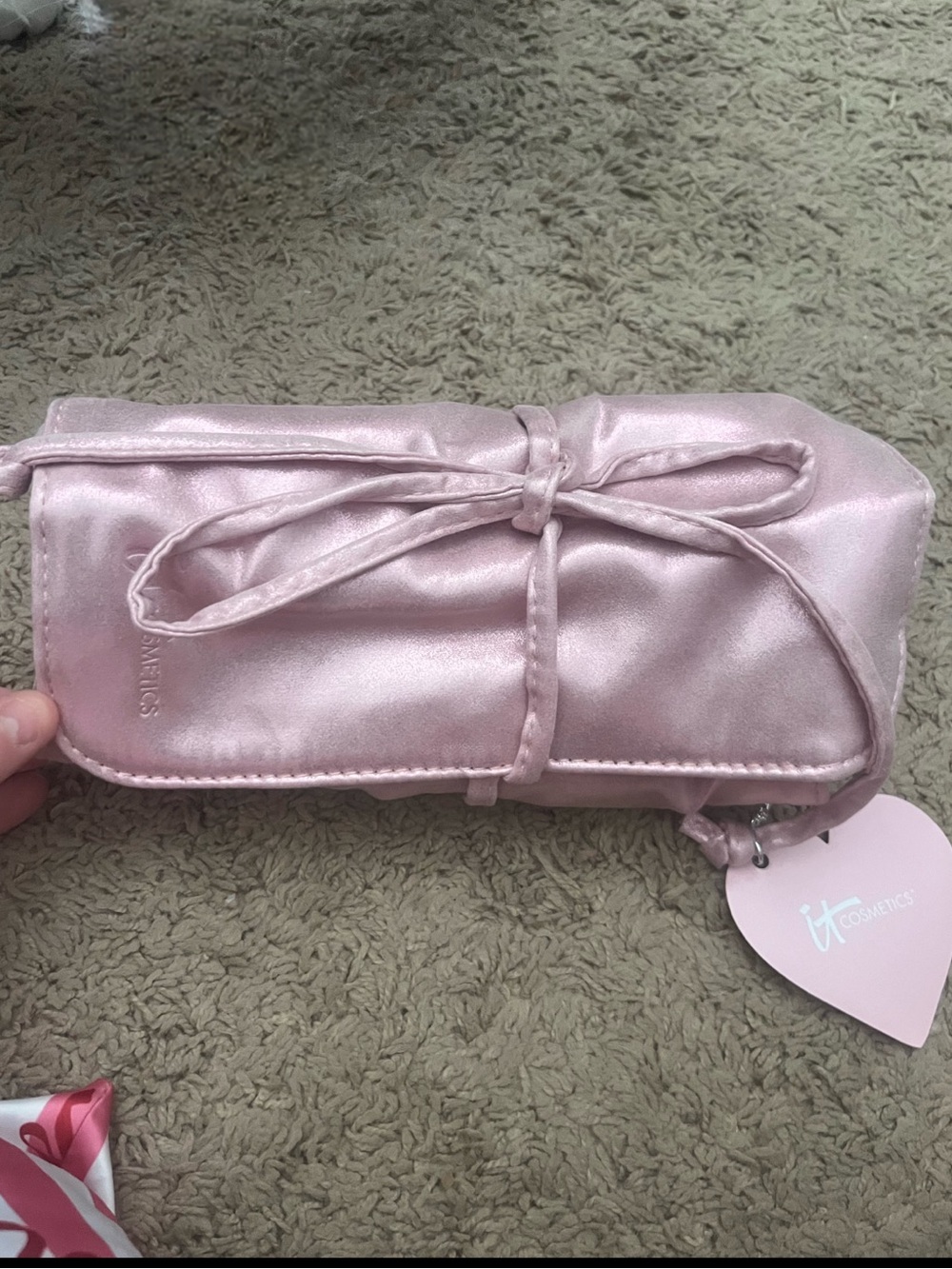 Shimmer pink satin cosmetic travel bag